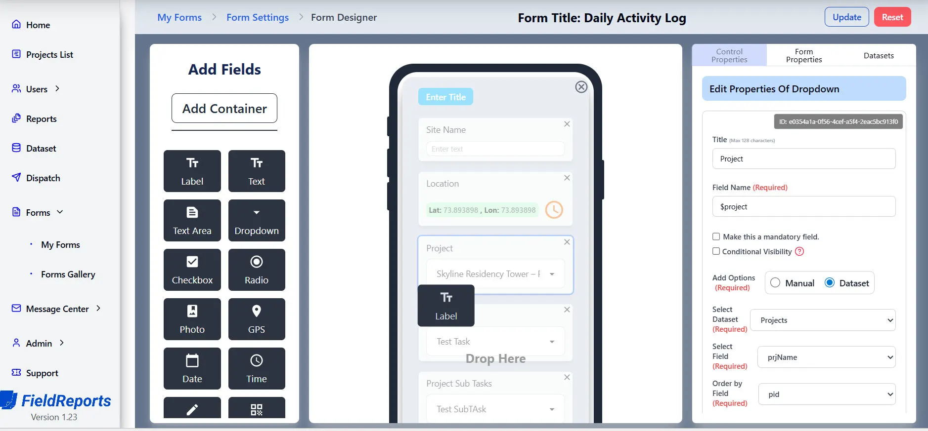 Custom forms designer interface